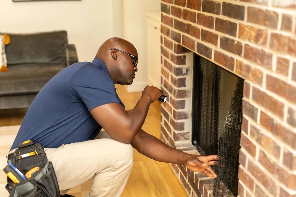 Anthonie Bounds inspecting a fireplace and firebox with a flashlight